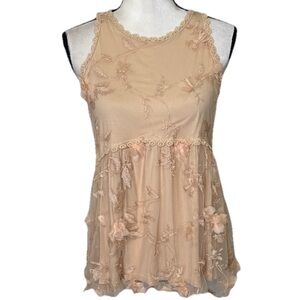 POL Blush Color Sleeveless Blouse Top Tulle Overlay With flowers Romantic